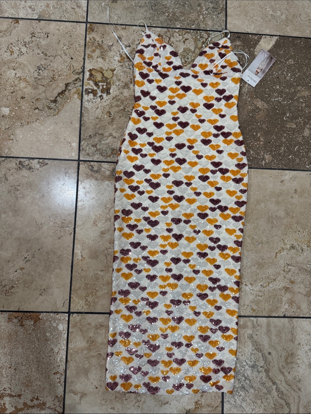 Sequin Heart Slip Dress in White with Mustard & Berry Hearts
